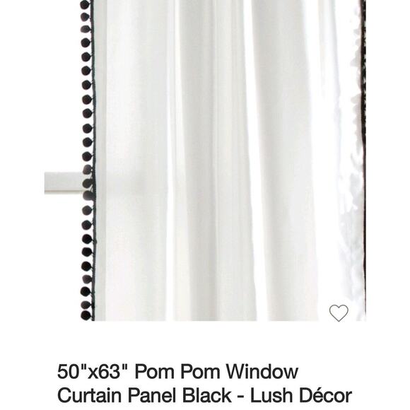 Lush Decor Pom Pom 50" x 63" Rod Pocket Window Curtain, 1 Panel in Black/White - Picture 2 of 7